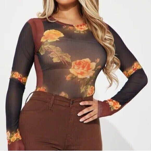 Roses Mesh Sheer Bodysuit‎ size XS RefN16 - Picture 1 of 6